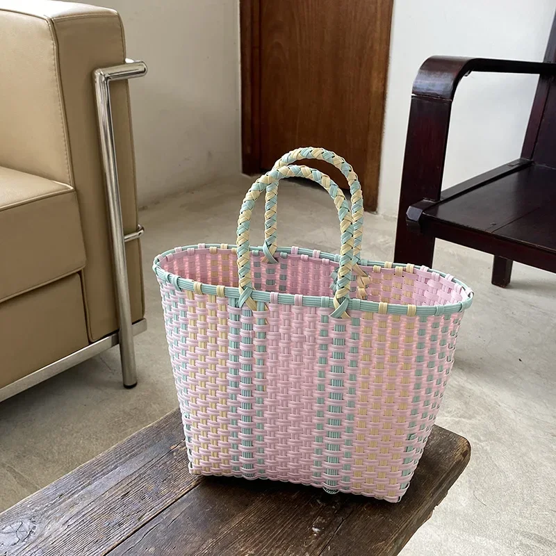 2025 New Vegetable Basket Summer Fashion PVC Handbag Hand Woven Bag Patchwork Striped Tote Beach Bags Purses and Handbags