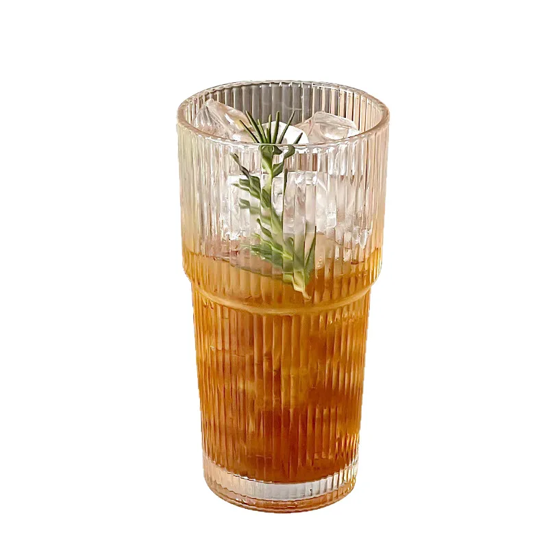 Large Capacity Glass Tumbler with Vertical Stripes & Lid - Stylish Cold Drink Cup for Juice, Iced Coffee & Water