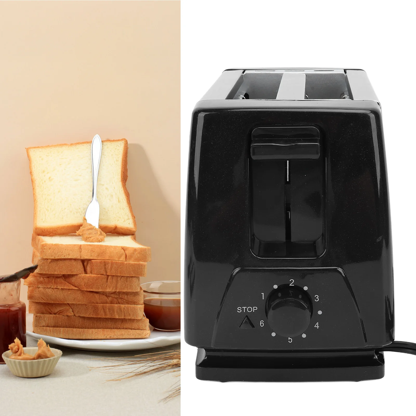 Compact Bread Toaster Portable ABS and Stainless Steel Wide Slot 2 Slice Toaster for Home EU Plug 220V