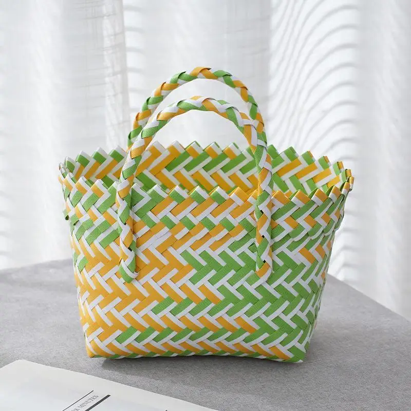 Plastic Woven Tote Bag Small Handmade Woven Carrying Basket Handmade Woven Basket