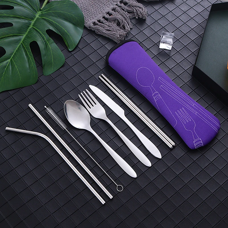 8Pcs Stainless Steel Tableware Straw Fork Spoon Family Travel Camping Cutlery