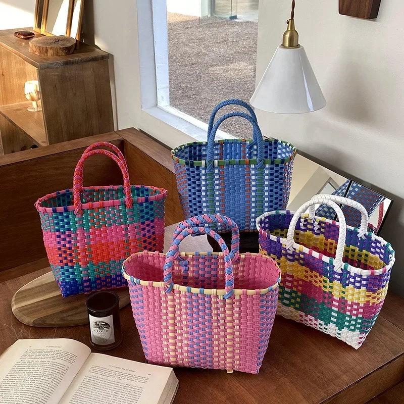 2025 New Vegetable Basket Summer Fashion PVC Handbag Hand Woven Bag Patchwork Striped Tote Beach Bags Purses and Handbags