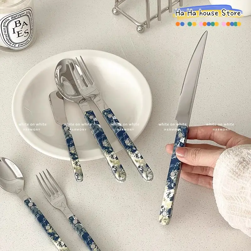 Beautiful 304 Stainless Steel Tableware Set Peacock Blue Clip Handle Cutlery Breakfast Dinner Top Items Cake Shovel Steak Knife