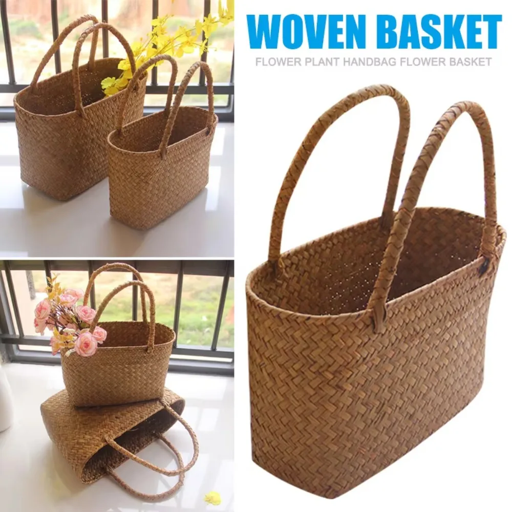 Flower Basket Crafts Seaweeds Woven Basket Bag Laundry Basket Large Capacity Handbag Room Decoration Gift Durable