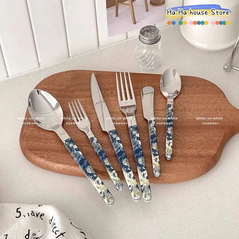Beautiful 304 Stainless Steel Tableware Set Peacock Blue Clip Handle Cutlery Breakfast Dinner Top Items Cake Shovel Steak Knife