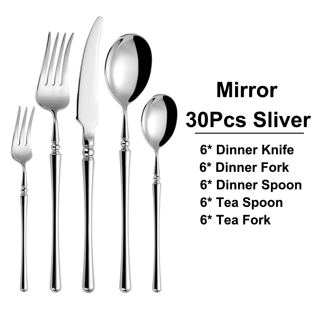 6/16/20/24/30Pcs Sliver Cutlery Set Stainless Steel 304 Tableware Wedding Gift Mirror Dinnerware Hotel Home Dinner Party Flatwar