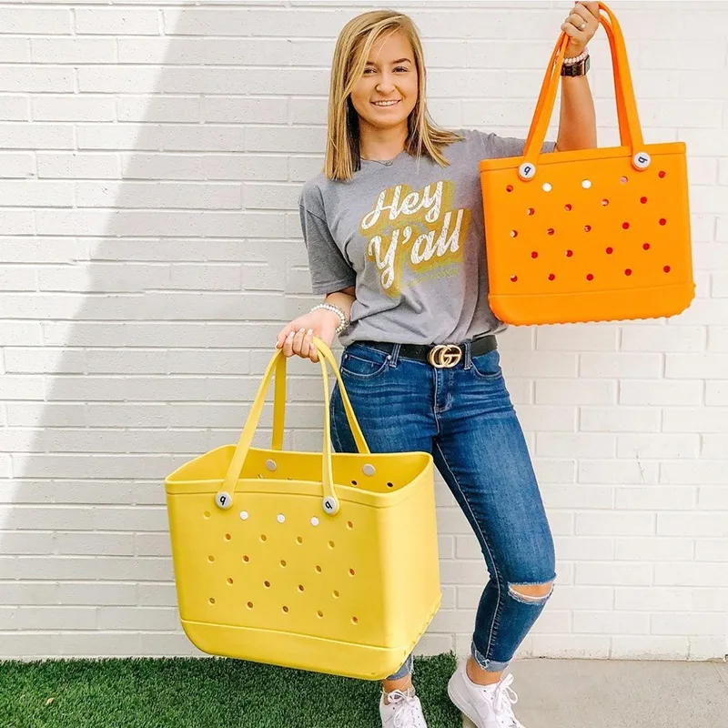 M/L/XL Fashion Large Beach Bags EVA Rubber Waterproof Storage Baskets Travel Shopping Handbag Women Shoulder Solid Color Bag