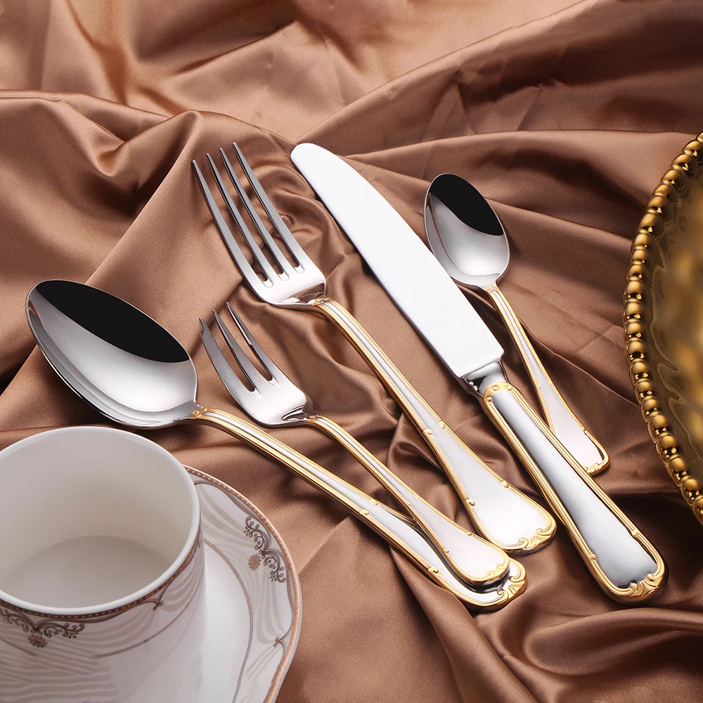 4/5/8/10/12/15/16/20/25 Piece Luxury Gold Accent Cutlery Set Stainless Steel Silverware Wedding Home Flatware Knife Fork Spoon