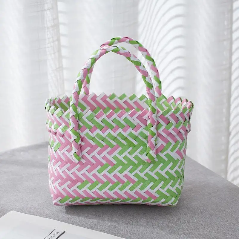 Plastic Woven Tote Bag Small Handmade Woven Carrying Basket Handmade Woven Basket