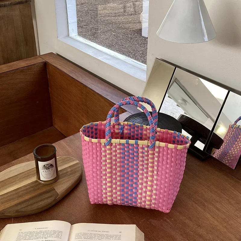 2025 New Vegetable Basket Summer Fashion PVC Handbag Hand Woven Bag Patchwork Striped Tote Beach Bags Purses and Handbags