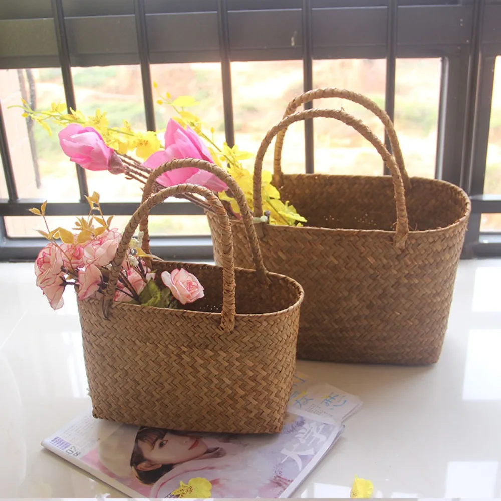 Flower Basket Crafts Seaweeds Woven Basket Bag Laundry Basket Large Capacity Handbag Room Decoration Gift Durable