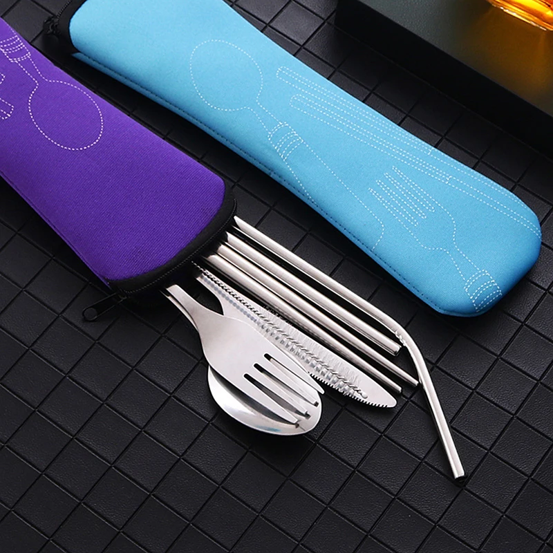 8Pcs Stainless Steel Tableware Straw Fork Spoon Family Travel Camping Cutlery