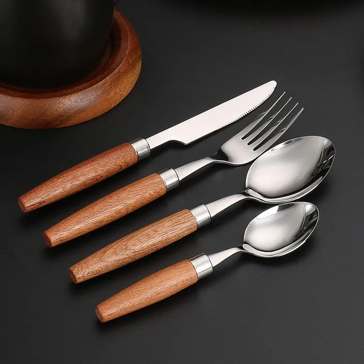 Fypo Stainless Steel Cutlery Set Wooden handle Dinnerware Set Knife Fork Spoon Tableware Flatware Kitchenware Kitchen utensil