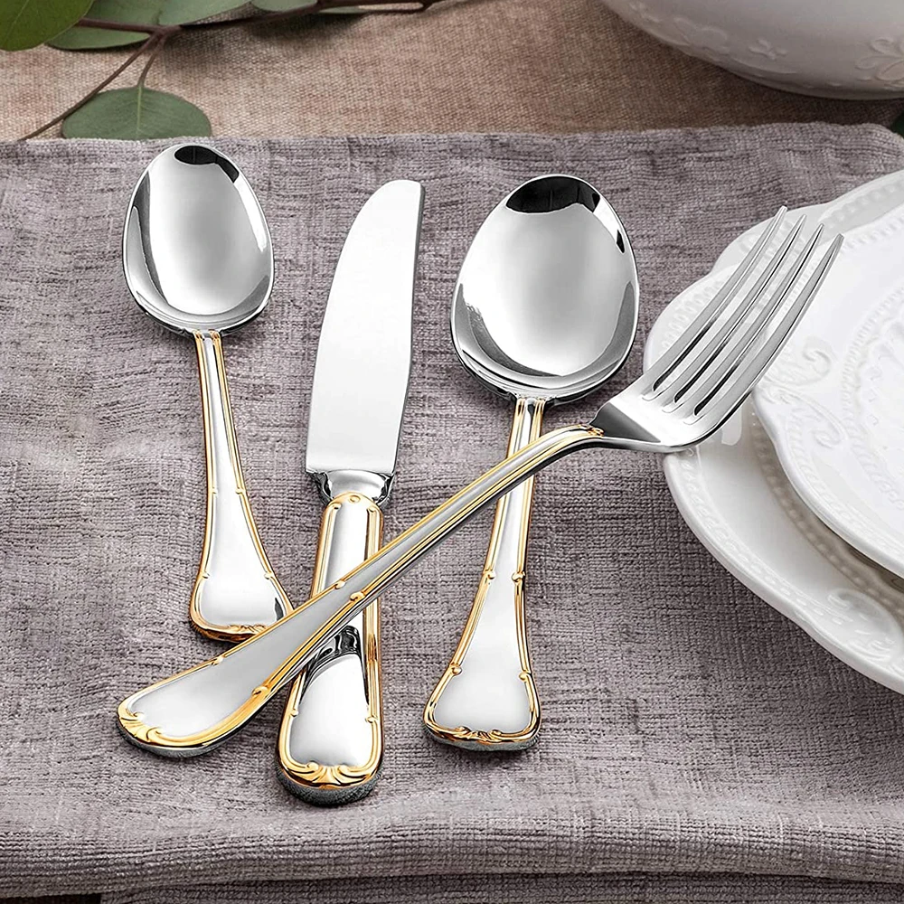 4/5/8/10/12/15/16/20/25 Piece Luxury Gold Accent Cutlery Set Stainless Steel Silverware Wedding Home Flatware Knife Fork Spoon