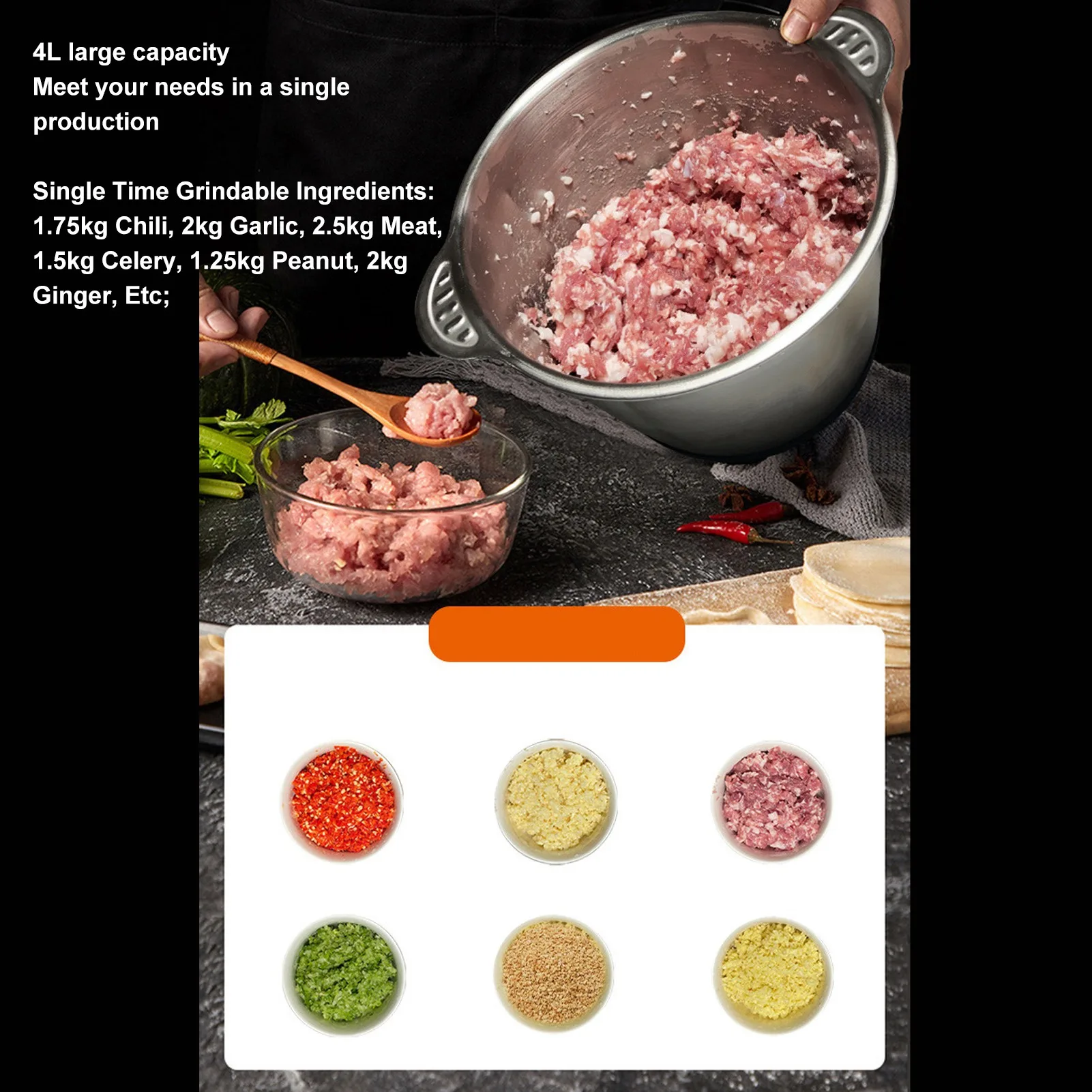 Food Processor Stainless Steel 5L High Capacity with 5 Blades Electric Food Chopper for Meat Vegetable