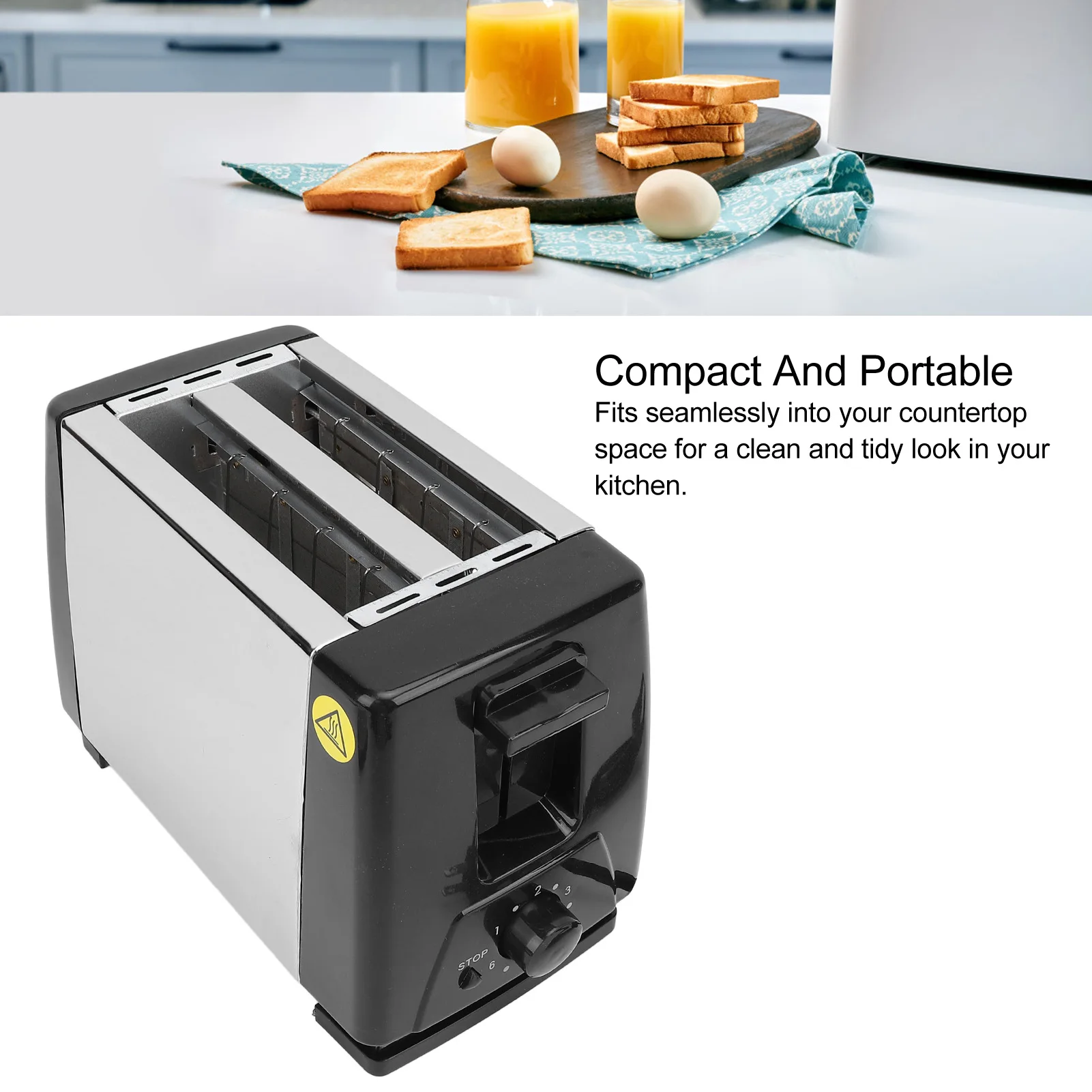 Compact Bread Toaster Portable ABS and Stainless Steel Wide Slot 2 Slice Toaster for Home EU Plug 220V