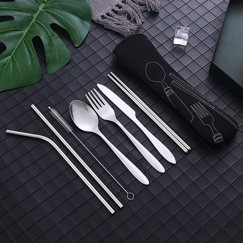 8Pcs Stainless Steel Tableware Straw Fork Spoon Family Travel Camping Cutlery