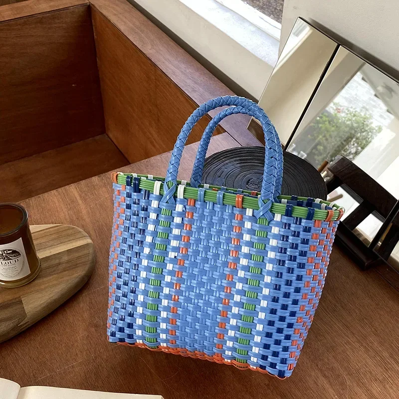 2025 New Vegetable Basket Summer Fashion PVC Handbag Hand Woven Bag Patchwork Striped Tote Beach Bags Purses and Handbags