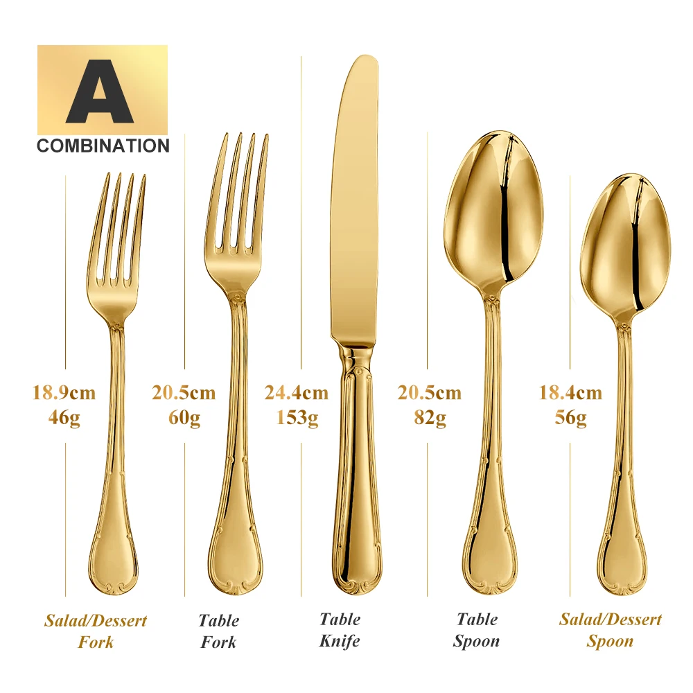 4/5/8/10/12/15/16/20/25 Piece Luxury Gold Accent Cutlery Set Stainless Steel Silverware Wedding Home Flatware Knife Fork Spoon