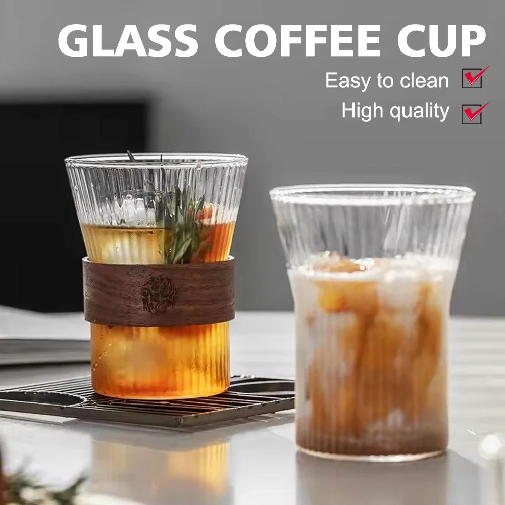 300ml Glass Coffee Cup Drinking Glasses Ribbed Glassware Iced Coffee Cup Bar Accessories for Beer Smoothie Whiskey Cocktail