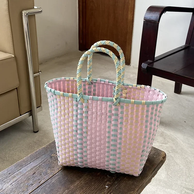 2025 New Vegetable Basket Summer Fashion PVC Handbag Hand Woven Bag Patchwork Striped Tote Beach Bags Purses and Handbags