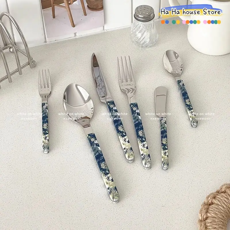 Beautiful 304 Stainless Steel Tableware Set Peacock Blue Clip Handle Cutlery Breakfast Dinner Top Items Cake Shovel Steak Knife