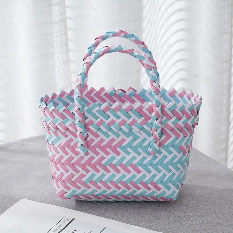 Plastic Woven Tote Bag Small Handmade Woven Carrying Basket Handmade Woven Basket