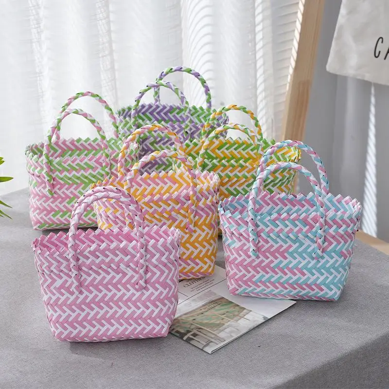 Plastic Woven Tote Bag Small Handmade Woven Carrying Basket Handmade Woven Basket