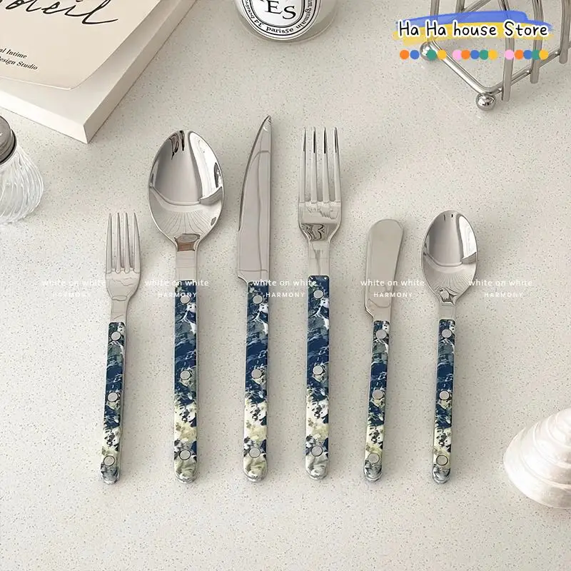 Beautiful 304 Stainless Steel Tableware Set Peacock Blue Clip Handle Cutlery Breakfast Dinner Top Items Cake Shovel Steak Knife