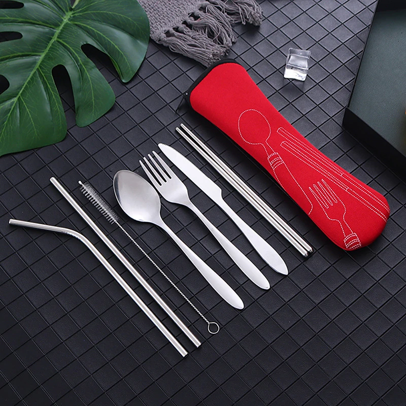 8Pcs Stainless Steel Tableware Straw Fork Spoon Family Travel Camping Cutlery