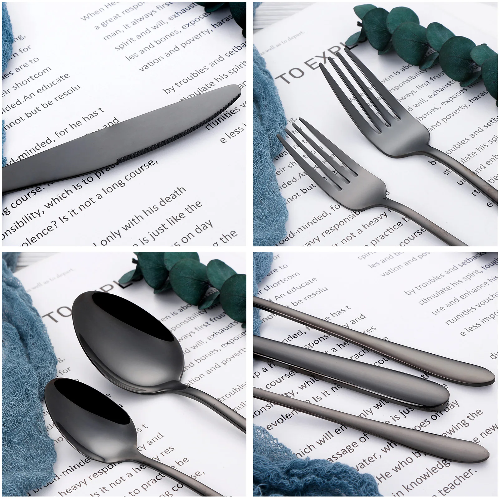 30/35/40 Pieces Western Tableware Stainless Steel Black Cutlery Set Elegant Dinner Set Mirror Knife Fork Spoon Kitchen Utensils
