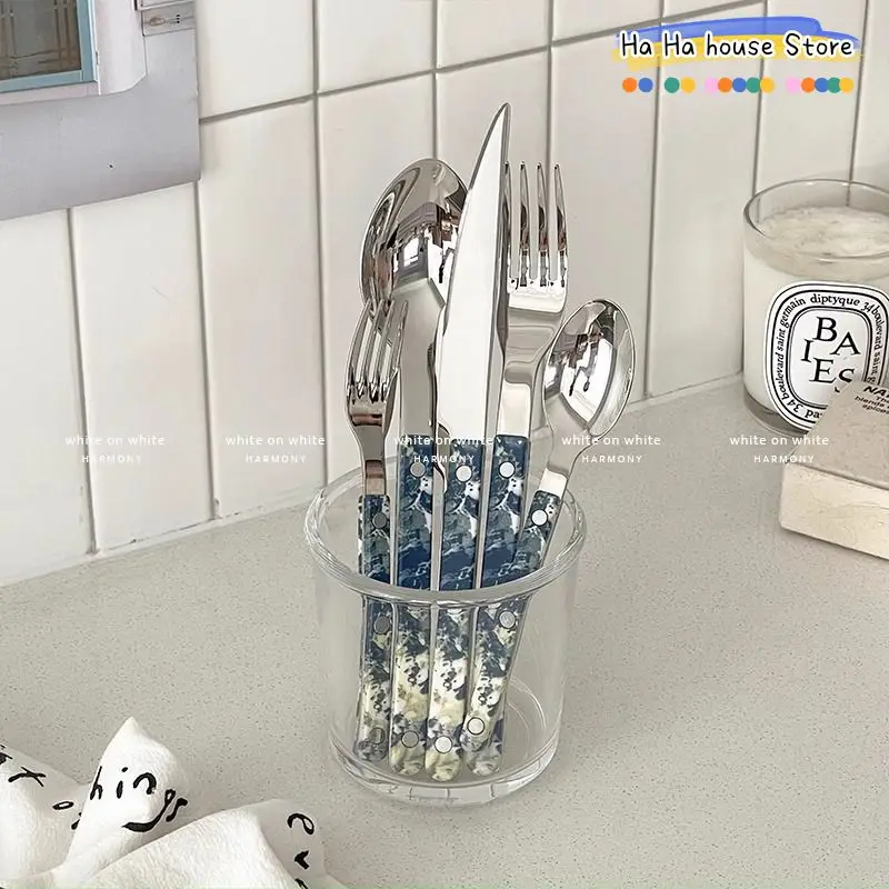 Beautiful 304 Stainless Steel Tableware Set Peacock Blue Clip Handle Cutlery Breakfast Dinner Top Items Cake Shovel Steak Knife