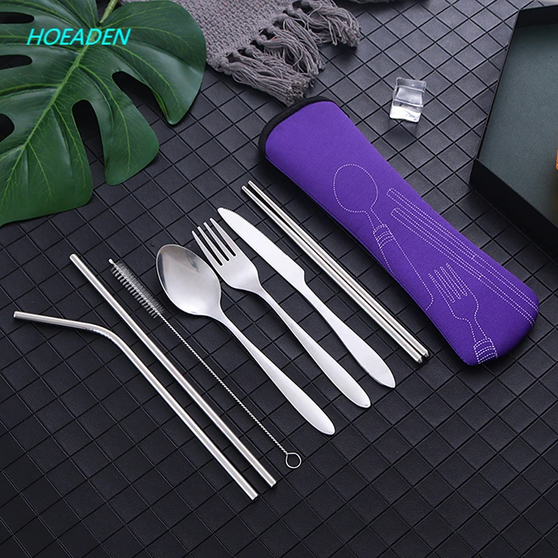 8Pcs Stainless Steel Tableware Straw Fork Spoon Family Travel Camping Cutlery