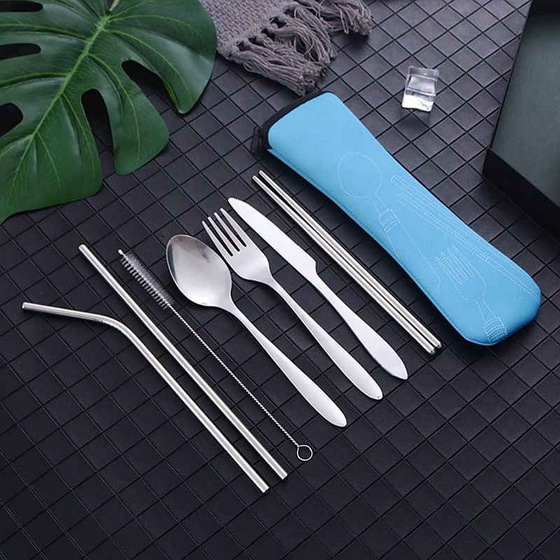 8Pcs Stainless Steel Tableware Straw Fork Spoon Family Travel Camping Cutlery