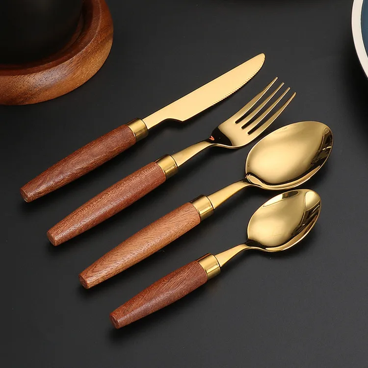Fypo Stainless Steel Cutlery Set Wooden handle Dinnerware Set Knife Fork Spoon Tableware Flatware Kitchenware Kitchen utensil