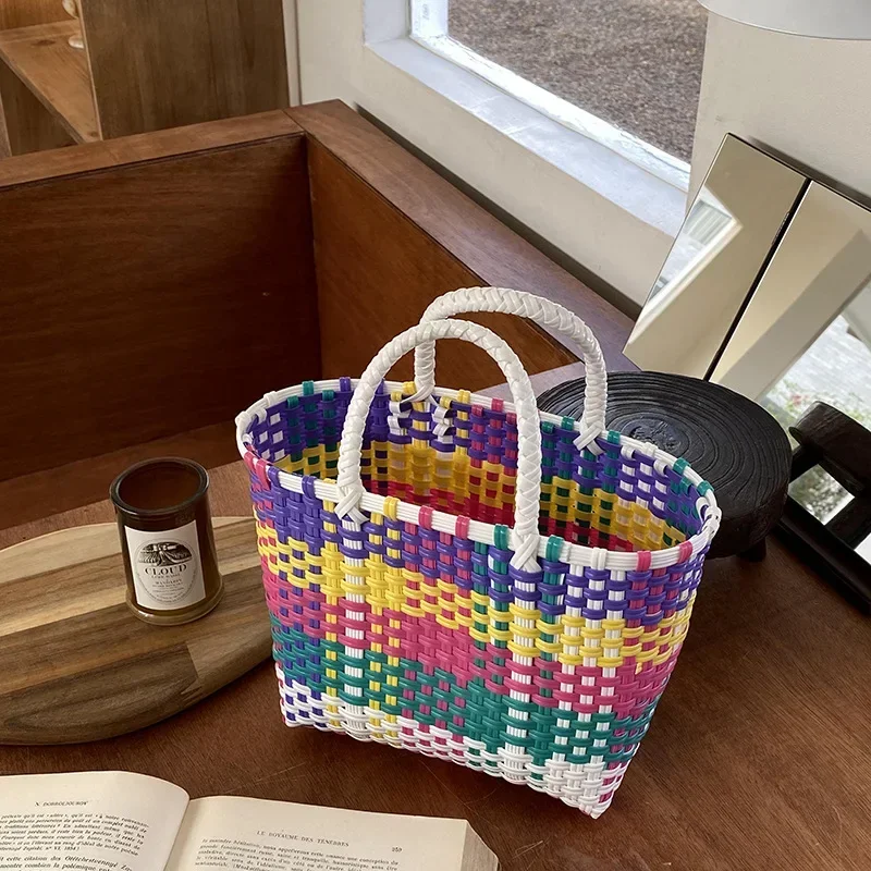 2025 New Vegetable Basket Summer Fashion PVC Handbag Hand Woven Bag Patchwork Striped Tote Beach Bags Purses and Handbags