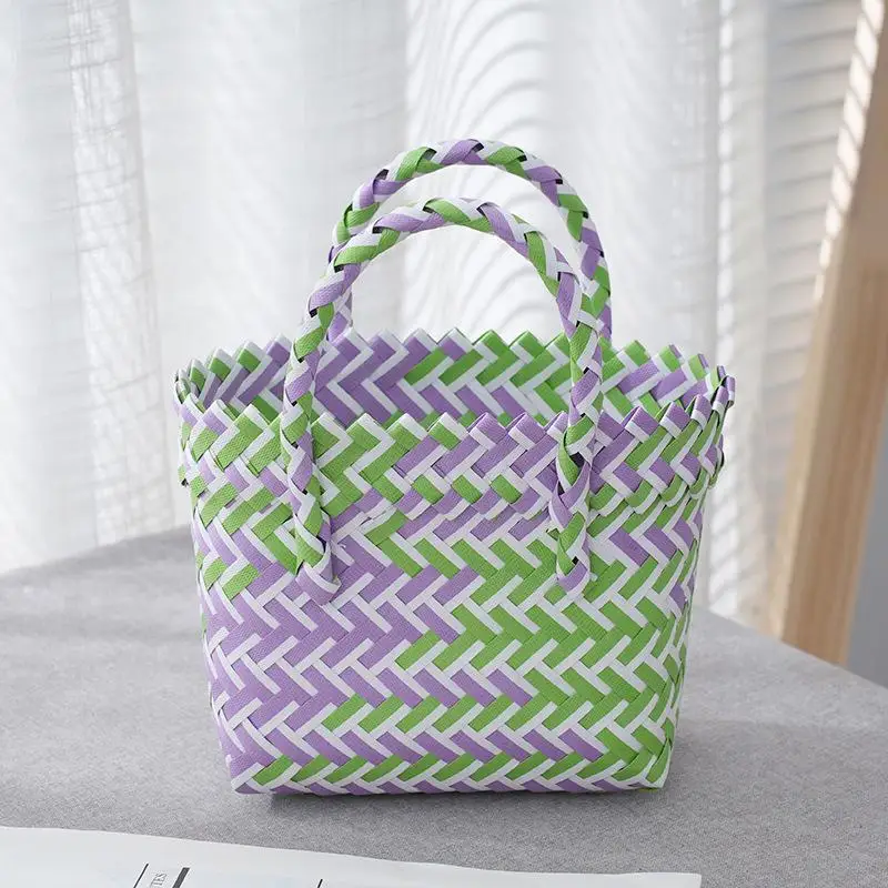 Plastic Woven Tote Bag Small Handmade Woven Carrying Basket Handmade Woven Basket