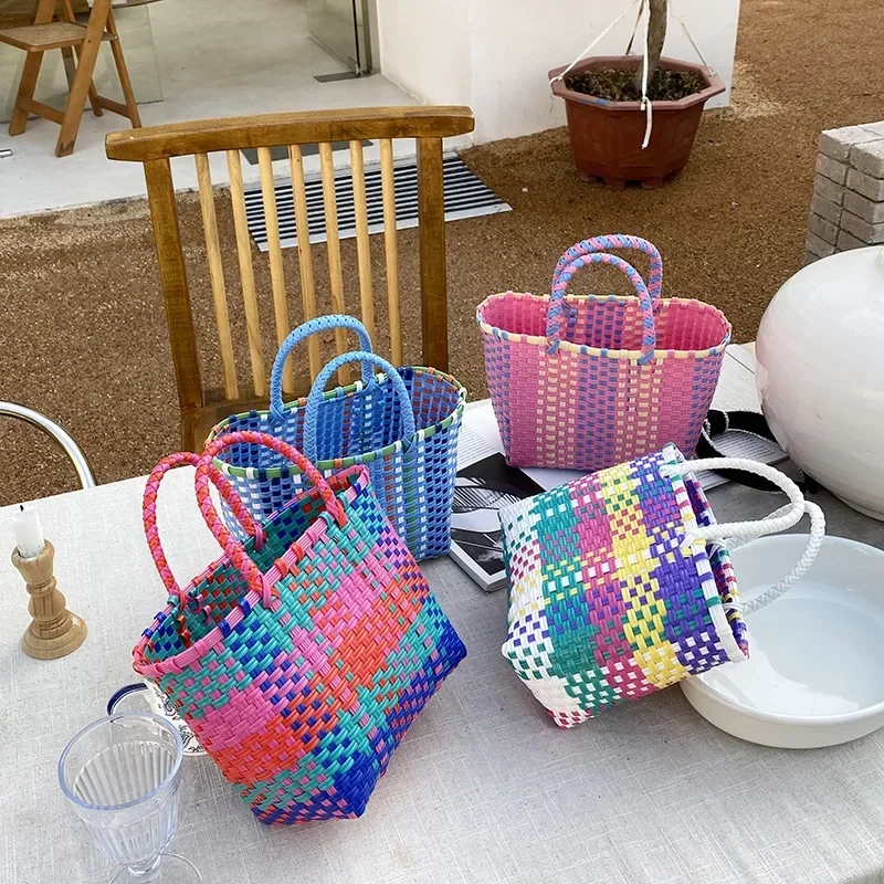 2025 New Vegetable Basket Summer Fashion PVC Handbag Hand Woven Bag Patchwork Striped Tote Beach Bags Purses and Handbags