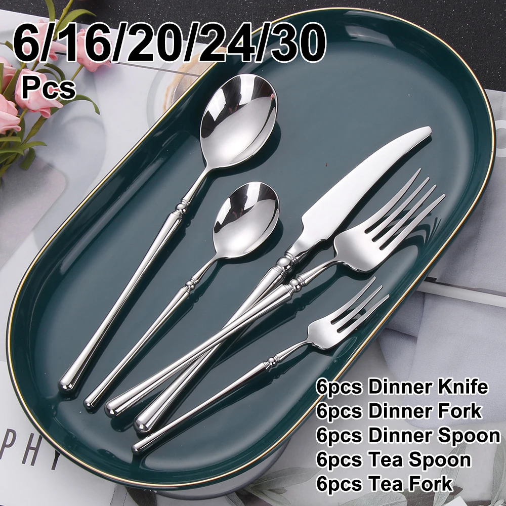 6/16/20/24/30Pcs Sliver Cutlery Set Stainless Steel 304 Tableware Wedding Gift Mirror Dinnerware Hotel Home Dinner Party Flatwar
