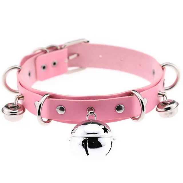 JOYGASMS Pu Leather Bell Collar Pink Choker with Silver Metal Bells