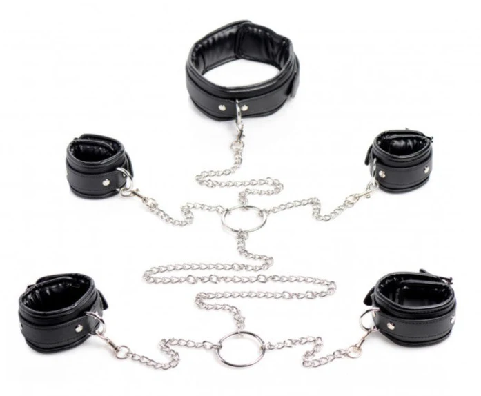 Strict BDSM SLAVE BONDAGE SHACKLE SET with Chains and Black PU Leather Collar Wrist and Ankle Cuffs with Locking Buckles