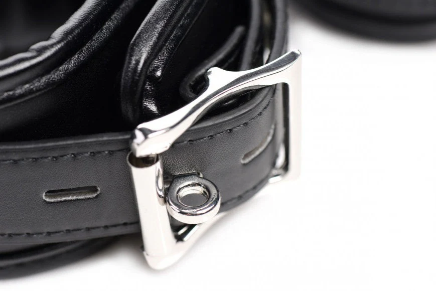 Strict BDSM SLAVE BONDAGE SHACKLE SET with Chains and Black PU Leather Collar Wrist and Ankle Cuffs with Locking Buckles