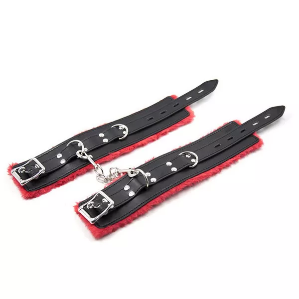 JOYGASMS Black Leather Lockable Handcuffs lined with Red Faux Fur