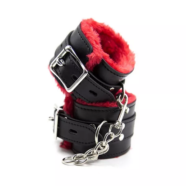 JOYGASMS Black Leather Lockable Handcuffs lined with Red Faux Fur