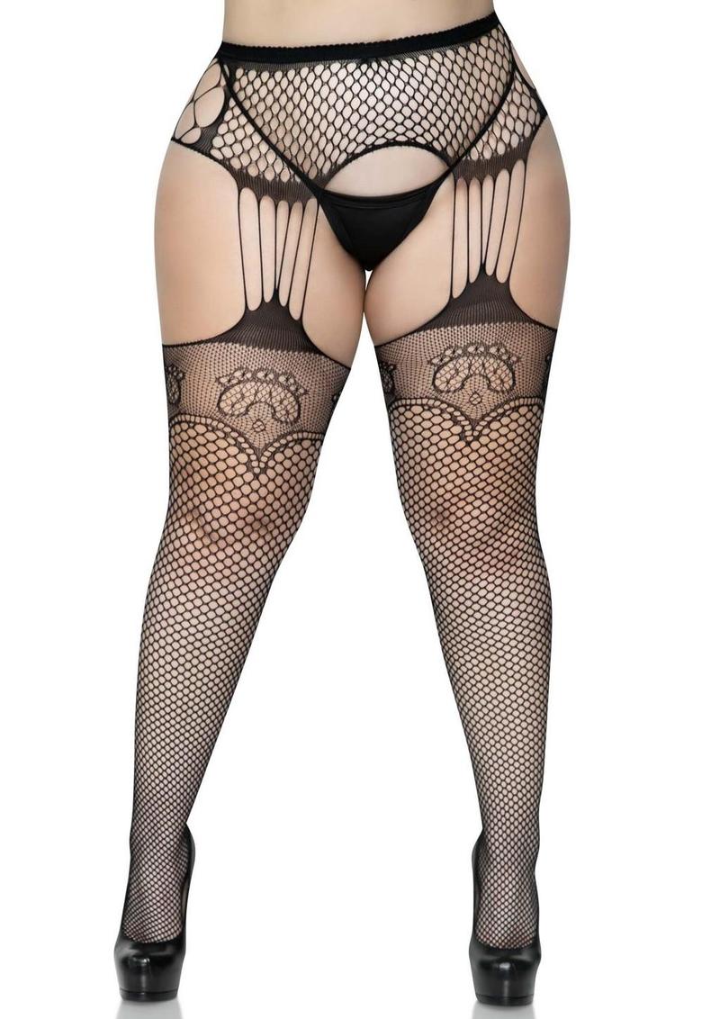 Leg Avenue Industrual Net Stocking with Dutchess Lace Top and Attached Multi-Strand Garter Belt