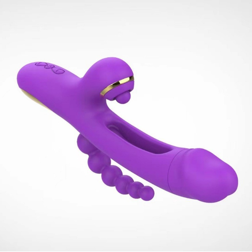 V-shaped suction vibrating dildo with anal beads included.