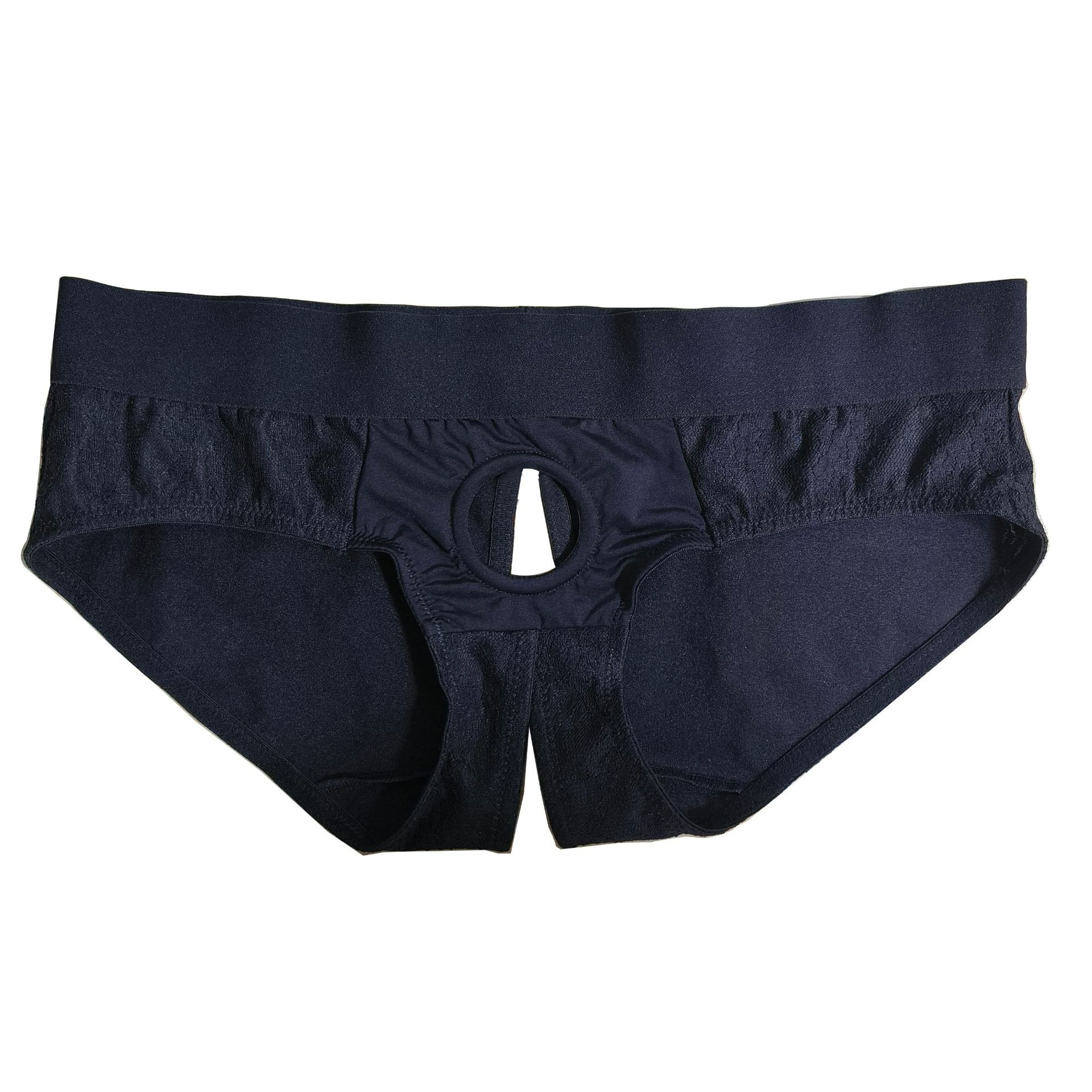 Fun lingerie: lace-up wearable pants, sexy open-front design, adjustable ring, removable fake penis, adult novelty item.