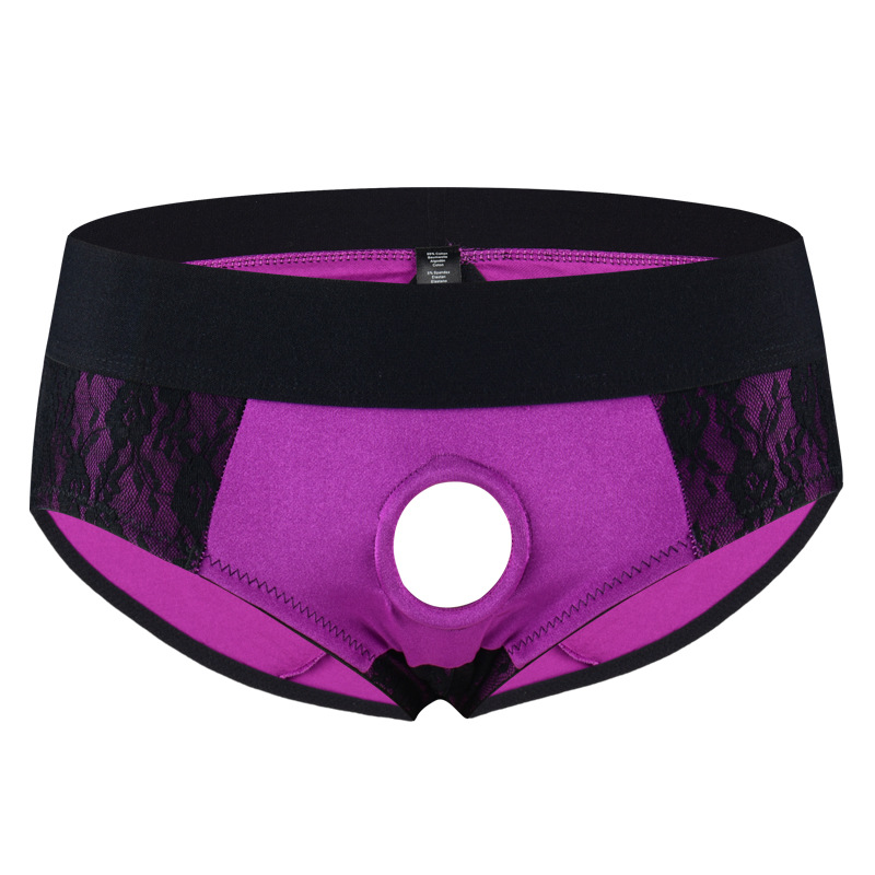 Fun lingerie: lace-up wearable pants, sexy open-front design, adjustable ring, removable fake penis, adult novelty item.