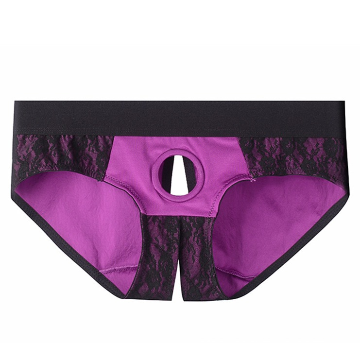 Fun lingerie: lace-up wearable pants, sexy open-front design, adjustable ring, removable fake penis, adult novelty item.
