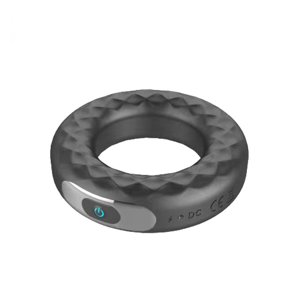 Charging silicone vibrating lock-in ring for male use, delayed masturbation aid.